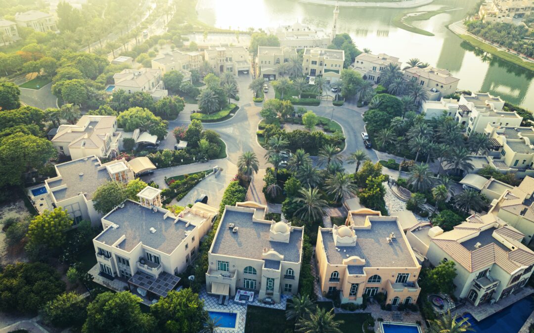 A aerial view of a residential area in Dubai, United Arab Emirates.